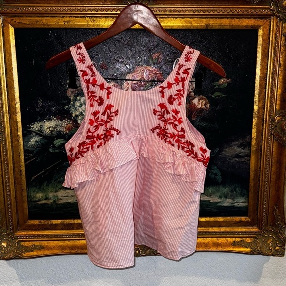 Zara Trafaluc Red Striped Floral Embroidered Summer Tank Top Size Small - Picture 1 of 4